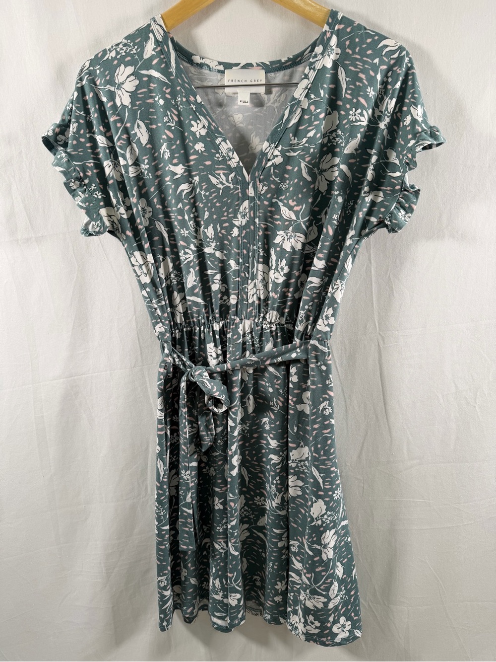 French Grey Sage Green Floral Tie-Waist Mini Dress - Picture 2 of 4